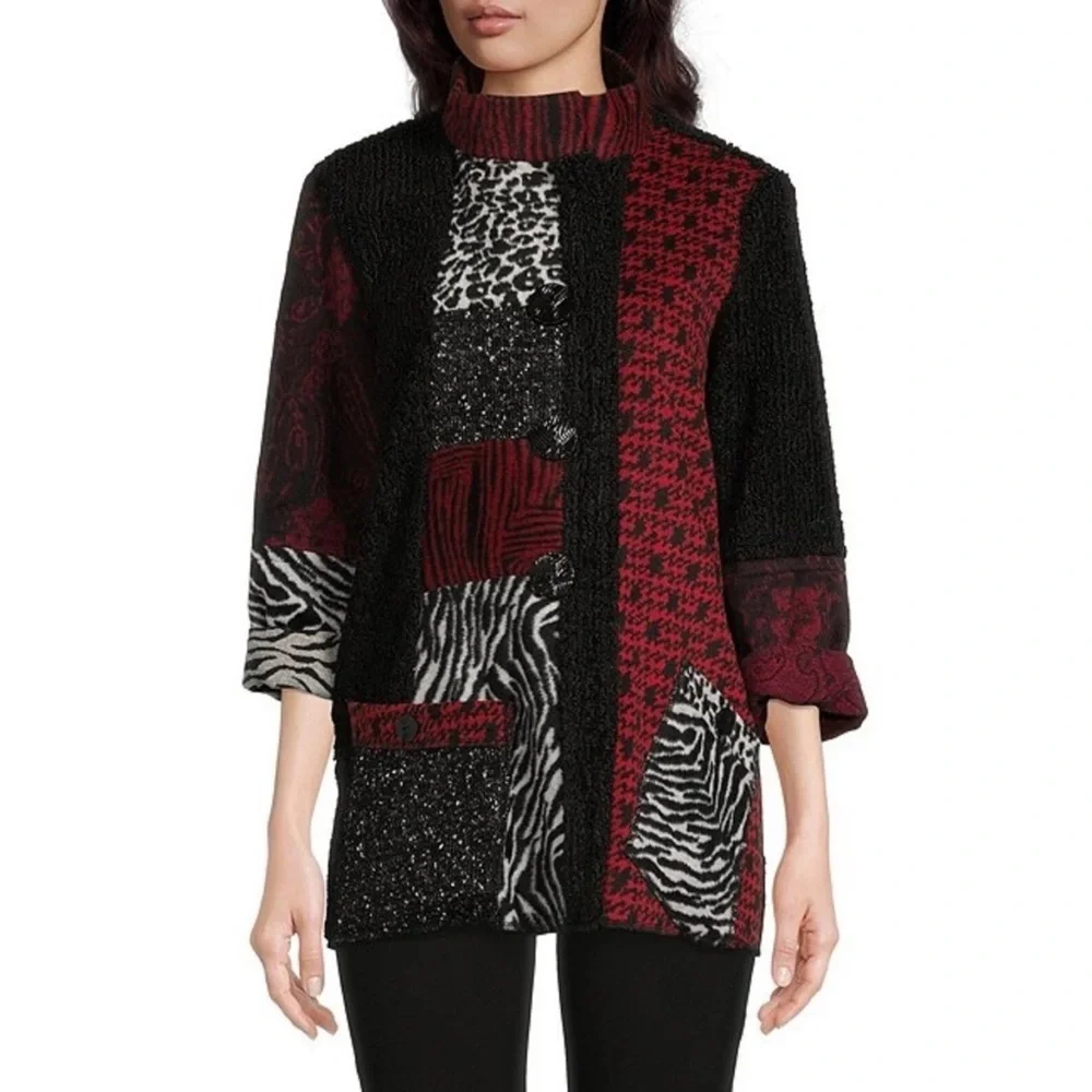 Ali Miles - Mixed Media Patchwork Jacket - Red/Black Animal Print